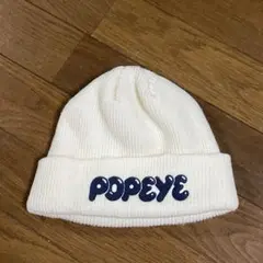 90s POPEYE アクリル ニット帽 生成り 紺 刺繍 クリーム レディース