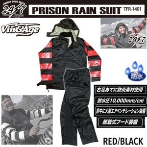送料0 Vin＆Age 24/7 C.L. Prison Rain Suit プリズンレインスーツ TFR-1401-RED/BLACK-M プリズナー/囚人/雨具/カッパ/バイカー/男女兼用