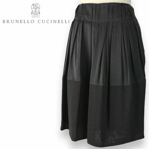 k301 Brunello Cucinelli ブルネロクチネリ スカート プリーツ フレアスカート ウール 100% シルク サテン ブラウン 38 イタリア製 正規品