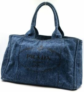 ■【美品】 PRADA プラダ カナパ デニム トートバッグ ハンドバッグ 斜め掛け インディゴブルー 三角プレート レディース 女性用 