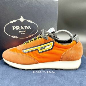 1円 【未使用級】 PRADA プラダ 【現行近 19年製】 メンズ ファブリック スニーカー シューズ 靴 スエード サイドロゴ オレンジ 24cm相当