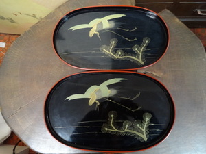 時代物 楕円形 丸盆 鶴と松 金塗り 2枚セット