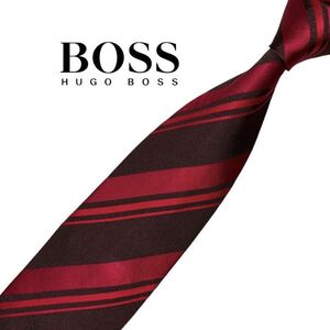 ★ストライプ柄★HUGO BOSS★高級ネクタイ レッド/ブラウン系 ヒューゴボス レジメンタル シルク USED プレス済み ネコポス可 t1024