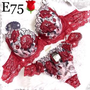 E75L★ロージー刺繍 レッド★ブラジャー&Tバックセット★脇高ブラ ゴージャス レース セクシー 薔薇 Eカップ アンダー75 新品 下着★みゆ