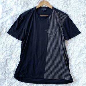 希少XLサイズ/極美品 ●EMPORIO ARMANI エンポリオアルマーニ 半袖 Tシャツ イーグル ロゴ 黒 ブラック メンズ トップス カットソー サマー