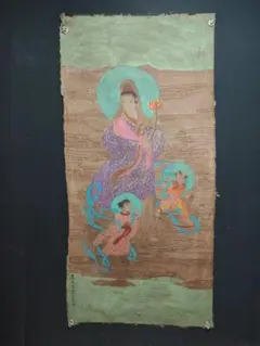 中国古美術・純手描き・人物画芯・送子觀音画像167x86cm・書画・絹本・仏像