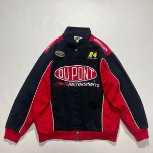 良好☆ビッグサイズ DU PONT コットン レーシングジャケット L フルスナップ 黒 赤 ビンテージ 90s デュポン NASCAR Winners Circle 刺繍