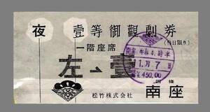 昭和30年代の　京都「南座」壱等席　入場半券　1955年ごろ 約70年前のもの