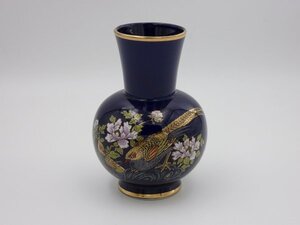 ◆◇瑞元窯 迪斎 6.6号花瓶 瑠璃 / 高さ約20cm 鳥 牡丹 九谷焼？ 昭和 レトロ / 未使用 展示品 アウトレット◇◆