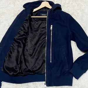 美品/L相当●DIESEL ディーゼル ラムレザ― パーカー ジャケット ブルゾン スエード 切替 羊革 本革 シープスキン 高級感◎ ネイビー 秋冬