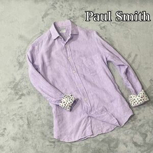 現行タグ　ポールスミス　paul smith リネン100% 麻　ボタンシャツ　袖口裏　花柄　 M 紫 パープル