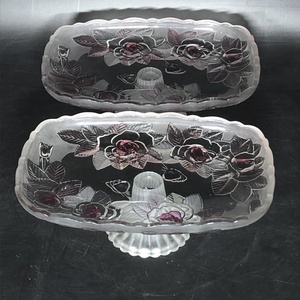 ガラス盛皿2枚セット　スタンド付き　花柄　昭和レトロ　フルーツ皿　30㎝×21㎝