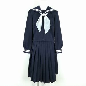 1円 セーラー服 スカート スカーフ 上下3点セット カンコー 冬物 白2本線 女子 学生服 中学 高校 紺 制服 中古 ランクC NA8754