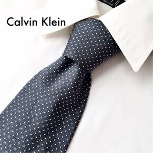 美品 Calvin Klein カルバンクライン シルク ネクタイ 絹 日本製 ビジネス フォーマル カジュアル ドット柄 ダークグレー ブランドネクタイ
