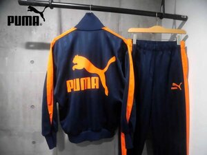 PUMA プーマ バックロゴプリント ジャージ セットアップ M S/ウォームアップ 上下セット/ストライプ/紺 オレンジ/メンズ/日本製