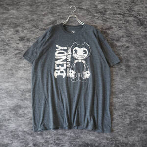 T246 BENDY Cartoon Print Tee XL ベンディ 海外ゲーム カートゥーン プリント ルーズ オーバーサイズ クルーネック Tシャツ グレー