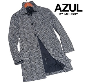 新品! アズールバイマウジー ニットジャガード ステンカラーコート ブラック (M) ☆ AZUL BY MOUSSY メンズ チェック ストレッチ 黒 灰 ★