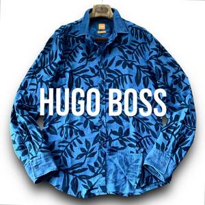 E22 美品 爽快！爽やかな逸品！定価5万 Lサイズ『ヒューゴボス HUGO BOSS』リネン 麻 ボタニカルデザイン 長袖 シャツ インディゴブルー青