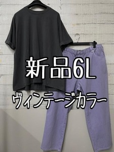 新品☆6L♪ヴィンテージ風カラーのTシャツ＆パープルデニム♪ジーパン☆g449