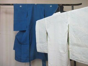 1円 良品 正絹 子供着物 男児用 産着 襦袢セット 七五三 和服 アンティーク 紋付 青 おしゃれ カッコいい 袷 身丈118cm【夢職】★★★