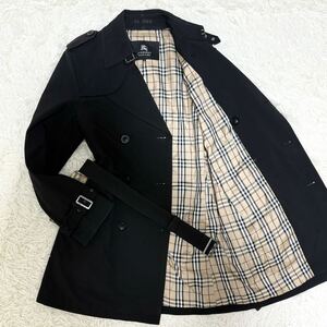 1円【極美品】バーバリーブラックレーベル BURBERRY BLACK LABEL トレンチコート ノバチェック ベルト ダブル ミドル丈 ロゴ 黒 ブラック M