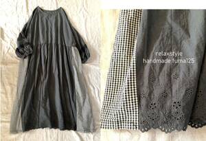 ③ハンドメイド*:墨黒cottonスカラップ×cottonチェック切り替えOP:＊大人Natural