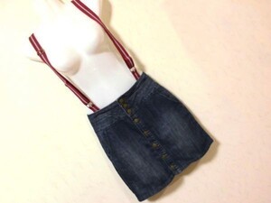 mk902　■FOREVER21■　■サスペンダー付き■　デニム台形スカート　ネイビー　前ボタン開き　ミニ丈　ストレッチデニム　M　訳あり