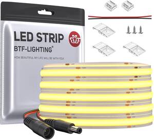 BTF-LIGHTING FCOB COB LEDテープライト 高密度 フレキシブル LEDテープライト 5M 480LEDs/m 2400LEDs/5m 電球色 2700K 幅8mm　１