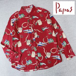 【極美品♪】Papas パパス◇日本製 総柄 麻100％ カジュアル 長袖リネンシャツ メンズ 紳士 サイズ50(L) レッド 赤色