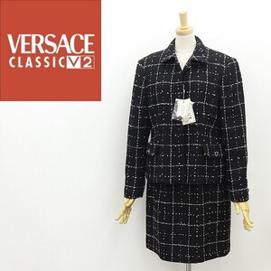 新品◆VERSACE CLASSIC V2 ヴェルサーチ クラシック ツイード チェック柄 ジャケット＆スカート スーツ セットアップ 黒 ブラック 44