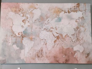 【４枚セット】アートパネル　世界地図（75cm × 50cm）　シェル（30cm × 30cm）　巻貝　海岸（75cm × 35cm）　砂浜　油彩　厚さ　3cm