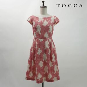 美品 TOCCA トッカ 花柄総レース フレンチスリーブフレアワンピース バックジップ 膝丈 裏地あり レディース 白 ピンク サイズ0*NC934