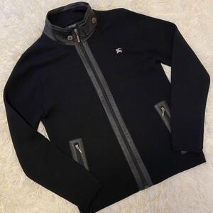 【未使用級・希少L】バーバリーブラックレーベル ドライバーズニット レザー切り返し BURBERRY BLACK LABEL ジャケット ジップブルゾン 黒