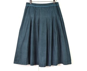 2628-24R0062★ローラアシュレイ LAURA ASHLEY★秋冬 コーデュロイ 青緑系 タックフレアー ひざ丈スカート 9号 ブルーグリーン