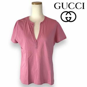 n250 GUCCI グッチ 半袖 カットソー Tシャツ Vネック トップス レディース ピンク XL イタリア製 コットン100% 無地 正規品