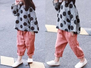 丸々/ドット柄　錫色/グレー♪　キッズ服/子ども服【綿麻二重ガーゼ】長袖Tシャツ男女兼用120cm・水玉