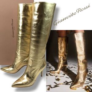 u70 良品 Gianvito Rossi ジャンヴィトロッシ レザー ロングブーツ メタリック ゴールド 本革 37 イタリア製 レディース シューズ 正規品