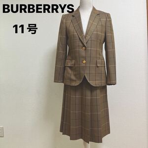 BURBERRYS バーバリーズ　スカートスーツ　セットアップ　11号　L ウール　キュプラ　ブラウン　チェック　金ボタン　ヴィンテージ　希少