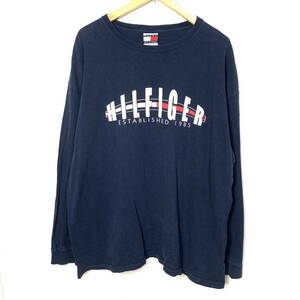 ■ビッグサイズ USA製 TOMMY HILFIGER トミーヒルフィガー ロゴプリント 長袖Tシャツ ロンT カットソー 古着 アメカジ ネイビー XXL■