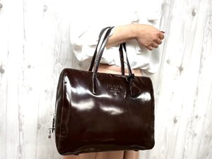 極美品 PRADA プラダ トートバッグ ハンドバッグ バッグ パテントレザー 茶 A4可 78086