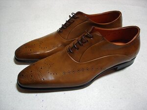 ★新品本物【サントーニ・Santoni】エレガントな普遍的デザイン！足元に華やかさ宿るウィングチップ本革レザーシューズ内羽根茶8.5/27.5程