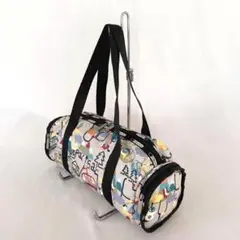 美品 激かわレスポートサック北欧ペンギン 総柄ショルダー ボストンバッグ黒グレー