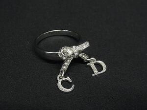 1円 ■美品■ ChristianDior クリスチャンディオール CDロゴ ラインストーン リボン リング 指輪 アクセサリー 約13号 シルバー系 FL1234