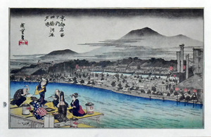 三大浮世絵師：安藤広重　複製版画　名作日本の風景版画　「京都名所・四条河原夕涼」　※額付き　正光画廊