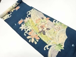 ys6955405; 荒波に草花模様刺繍名古屋帯地反物【アンティーク】【着】