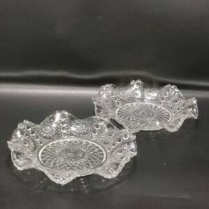 EH16 ウラン ガラス 透明 カキ氷 皿 小皿 プレス 昭和レトロ 古ガラス 2枚 まとめ