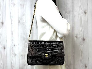 極美品 CHANEL シャネル 艶 クロコダイル ヴィンテージ プッシュロック ゴールドチェーン ココマーク ショルダー バッグ レザー 茶 79340