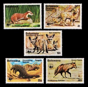 aα23ｙ1-6B10　ボツワナ1977年　WWF・カワウソなど絶滅危惧種・5枚完