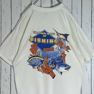 美品 00s ヘインズ Hanes フィッシング カジキ シャーク アニマルイラスト両面プリントヘビーウェイト Tシャツ XL オフホワイト 20202952