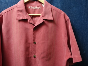 ロカビリー スタイル USA アメリカ 古着 Caribbean カリビアン オープンカラー 開襟 半袖 ライン ステッチ 刺繍 シャツ L / 33